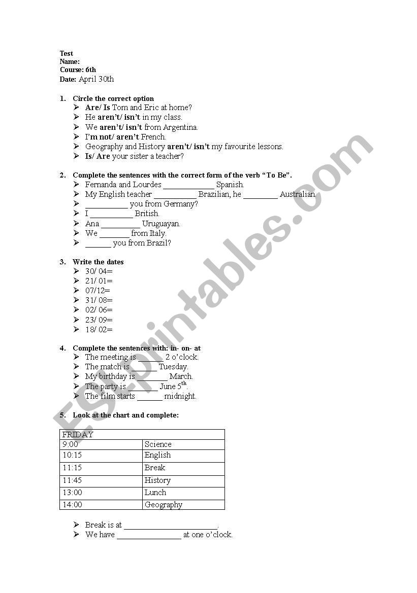 Test: Unit 1- Whats up? 1 worksheet