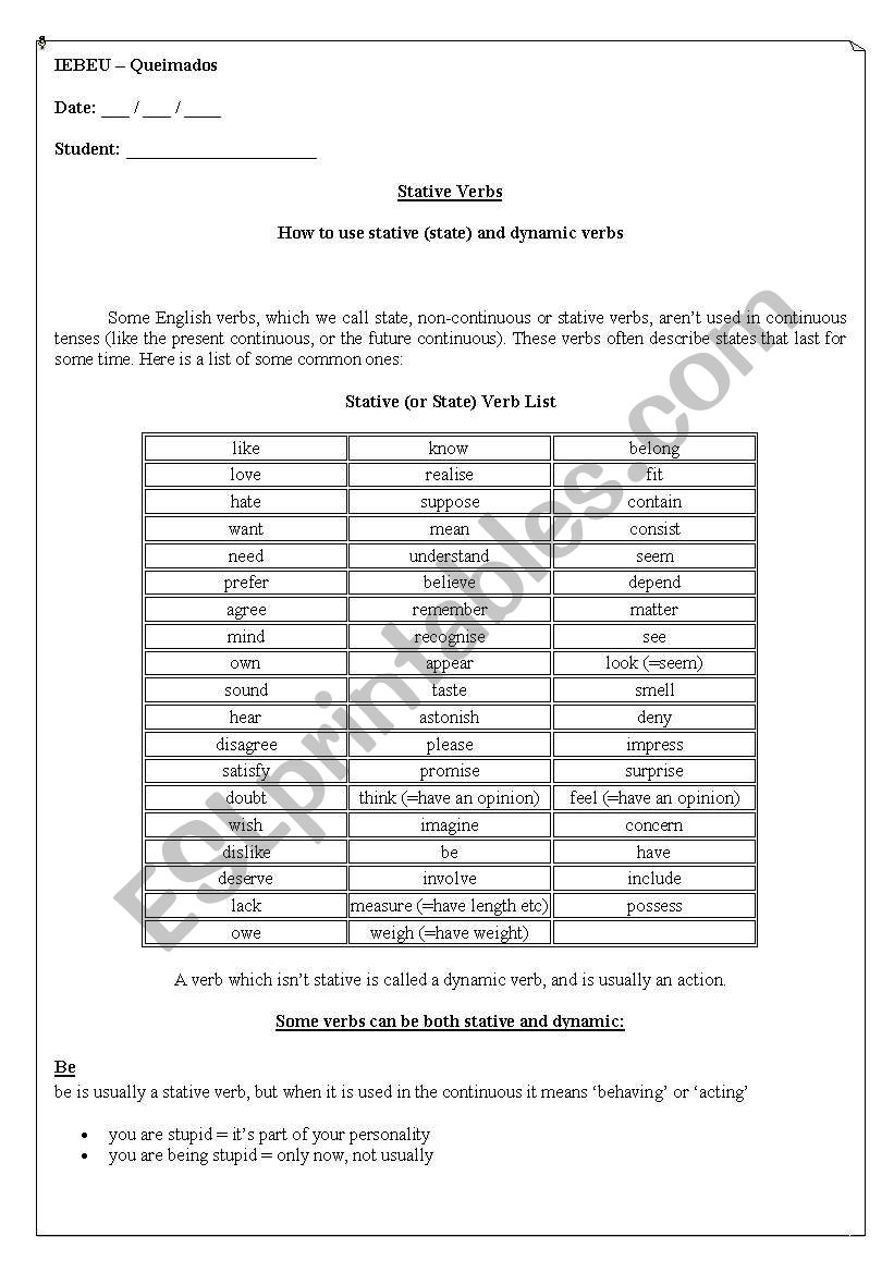 Stative verbs worksheet