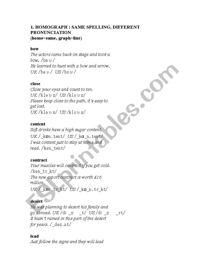 Homograph-homophones worksheet