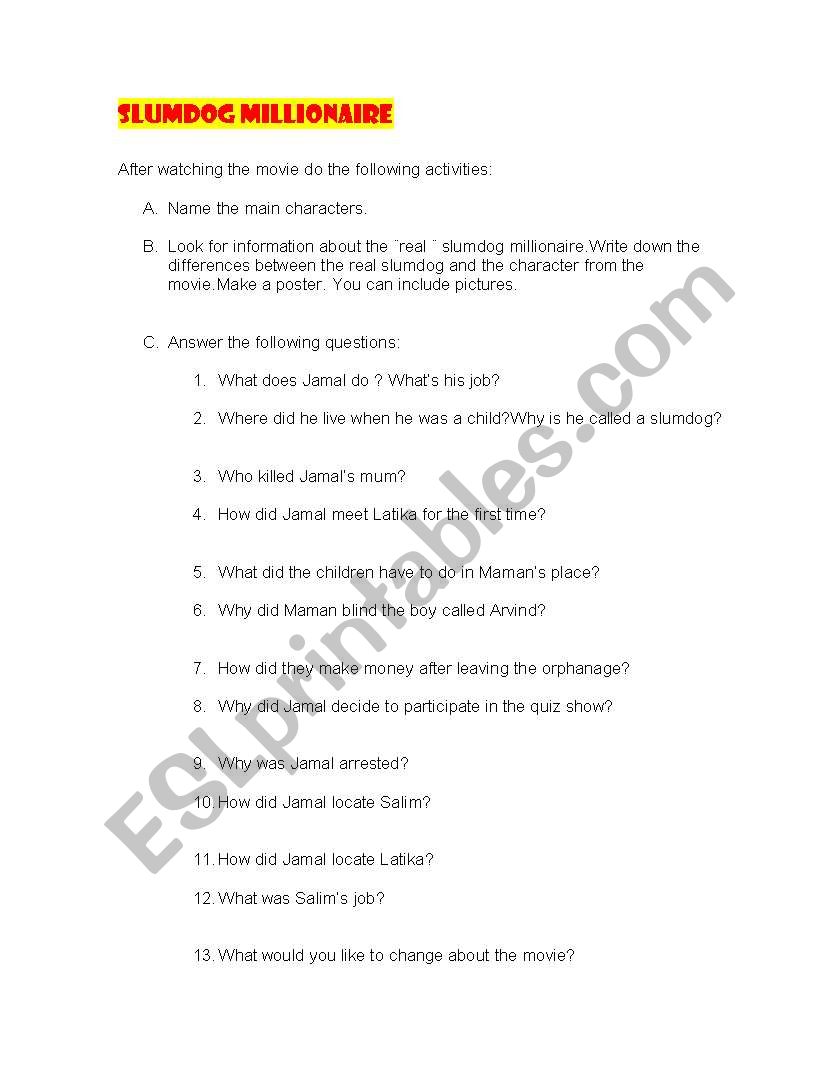 Slumdog Millionaire worksheet