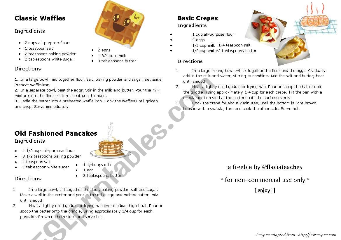 Cooking Classes - Recipes worksheet