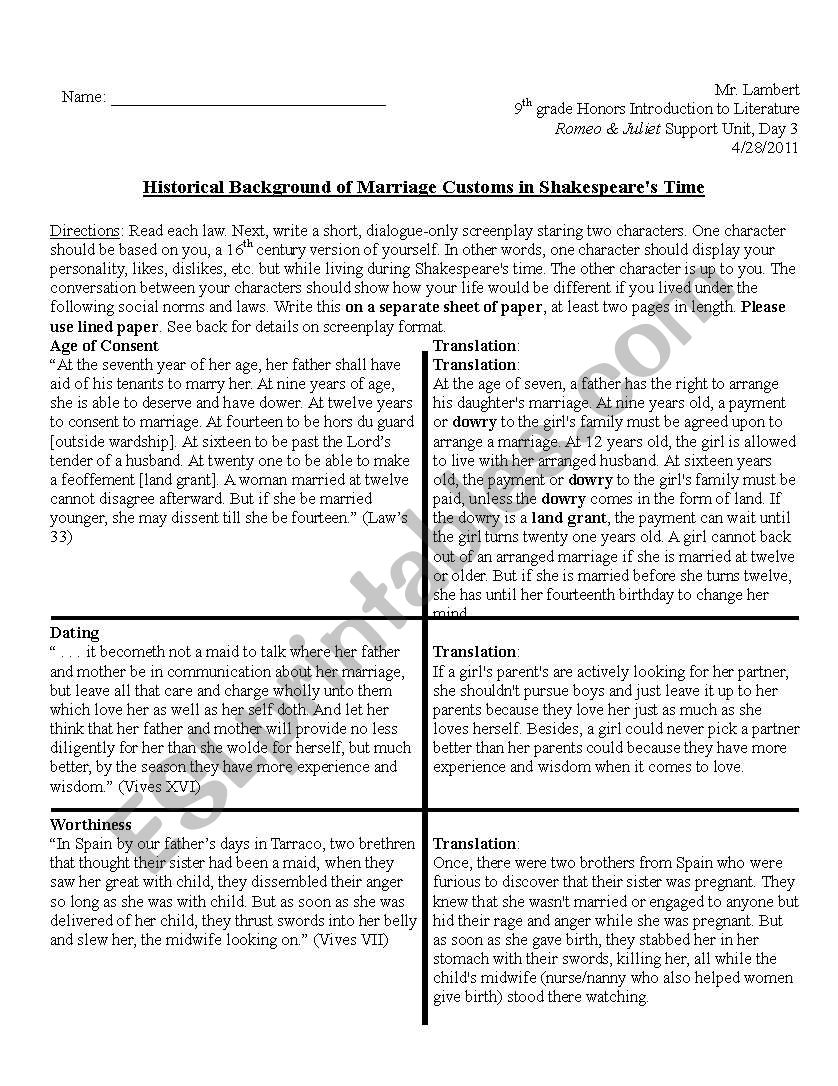 Historical Background of Marriage Customs in Shakespeares Time Creative Writing Handout