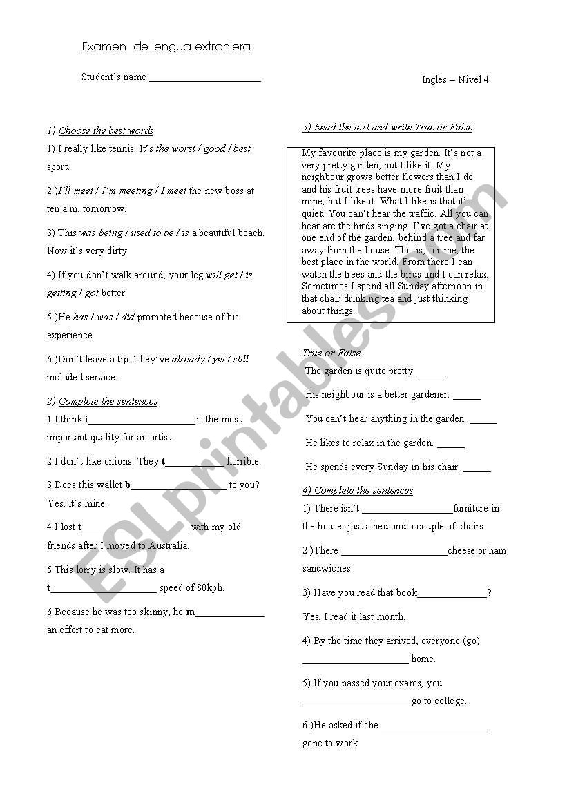 exam worksheet