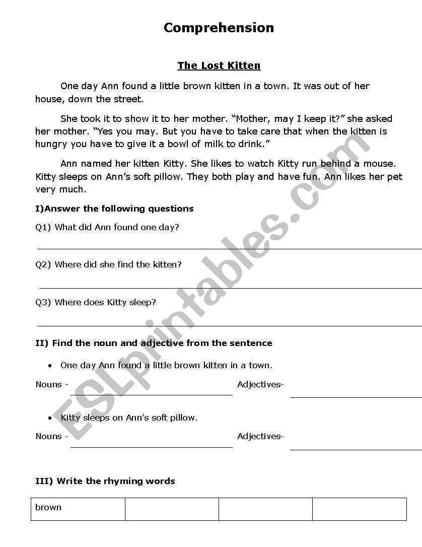 The lost kitten worksheet