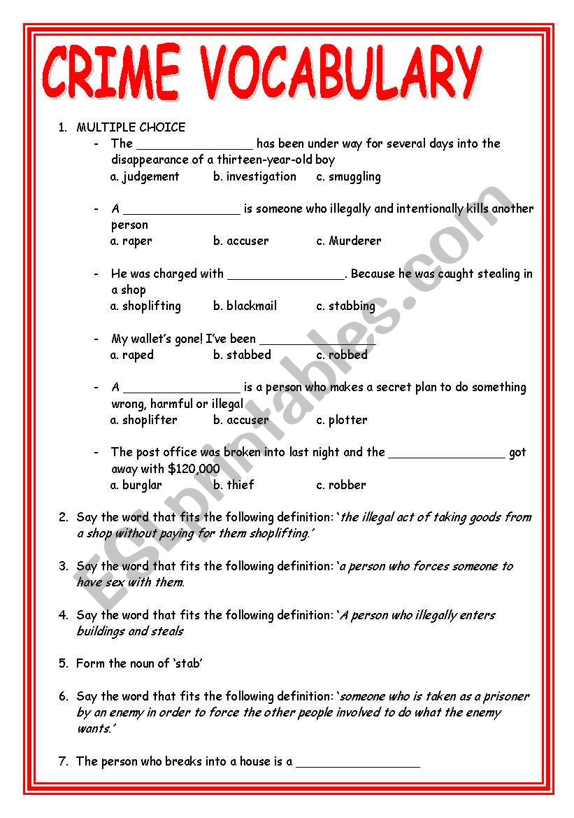 crime vocabulary esl worksheet by ingrid10