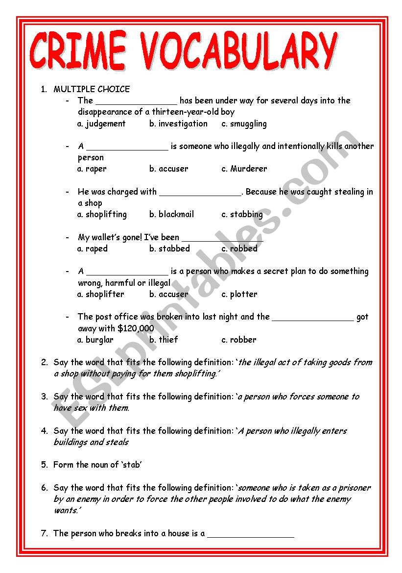 crime vocabulary worksheet