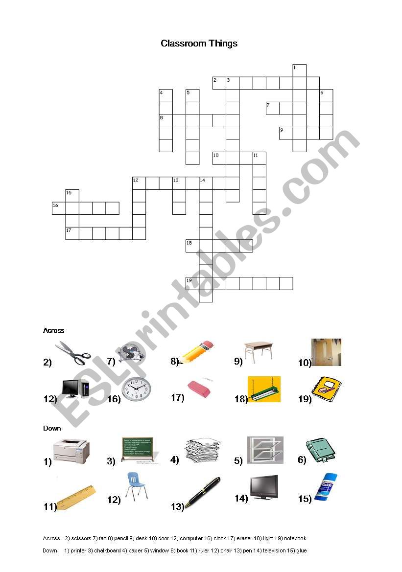 Classroom Items Crossword Puzzle