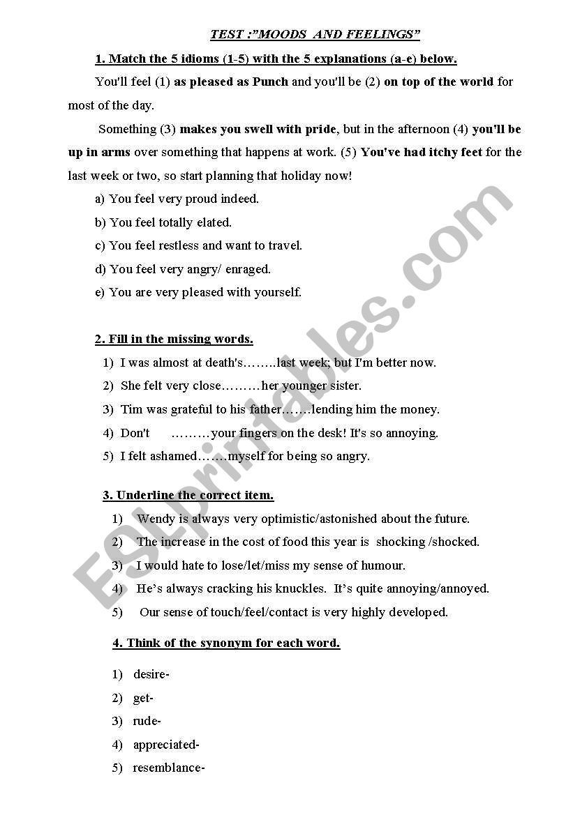 TEST :MOODS  AND FEELINGS worksheet