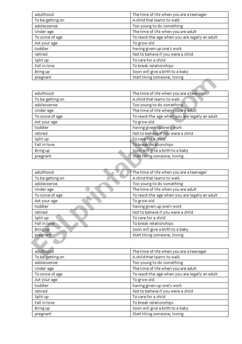 stages of life worksheet