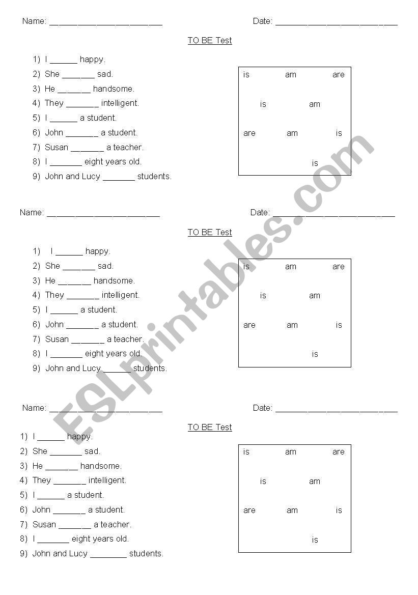 To Be test worksheet