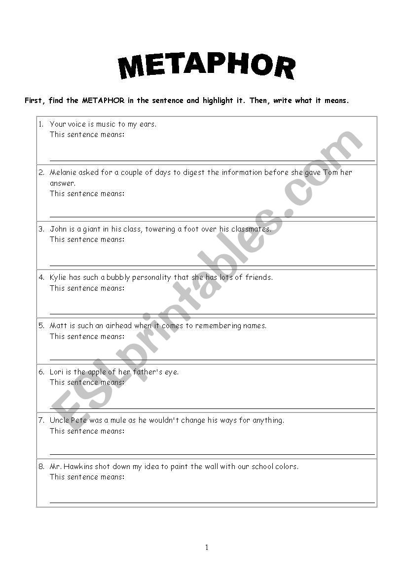 SIMILE-METAPHOR - ESL worksheet by ladyorca For Similes And Metaphors Worksheet