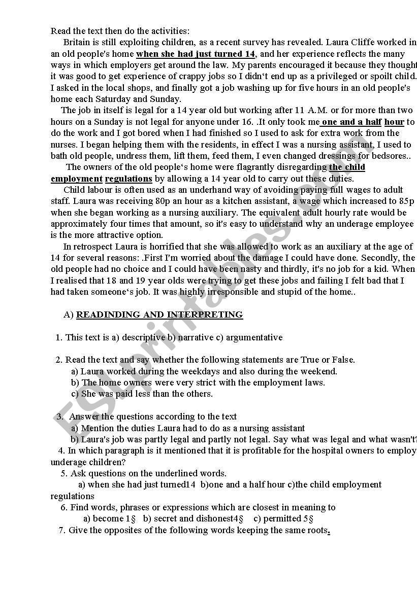 The exploitation of children worksheet