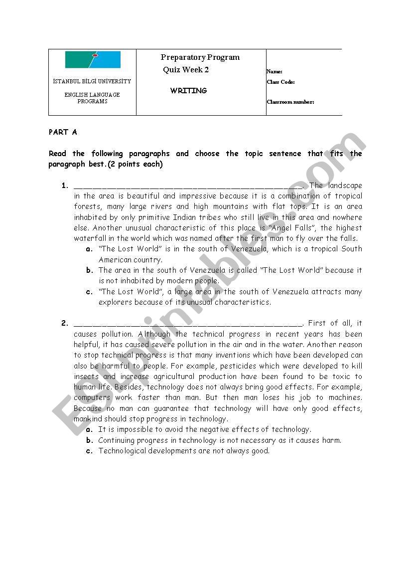 Topic Sentence and Paragraph Worksheet