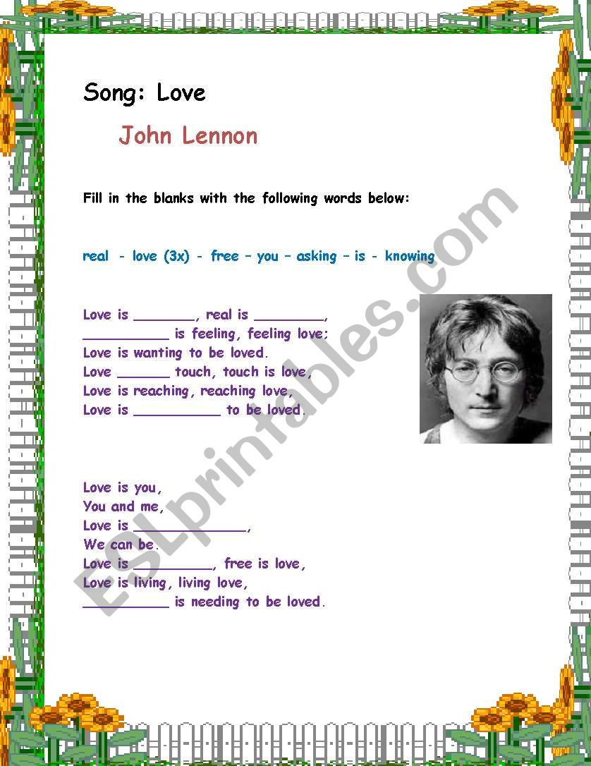 First class activity for elementary students - Song : Love (John Lennon) - with B&W copy and answer key