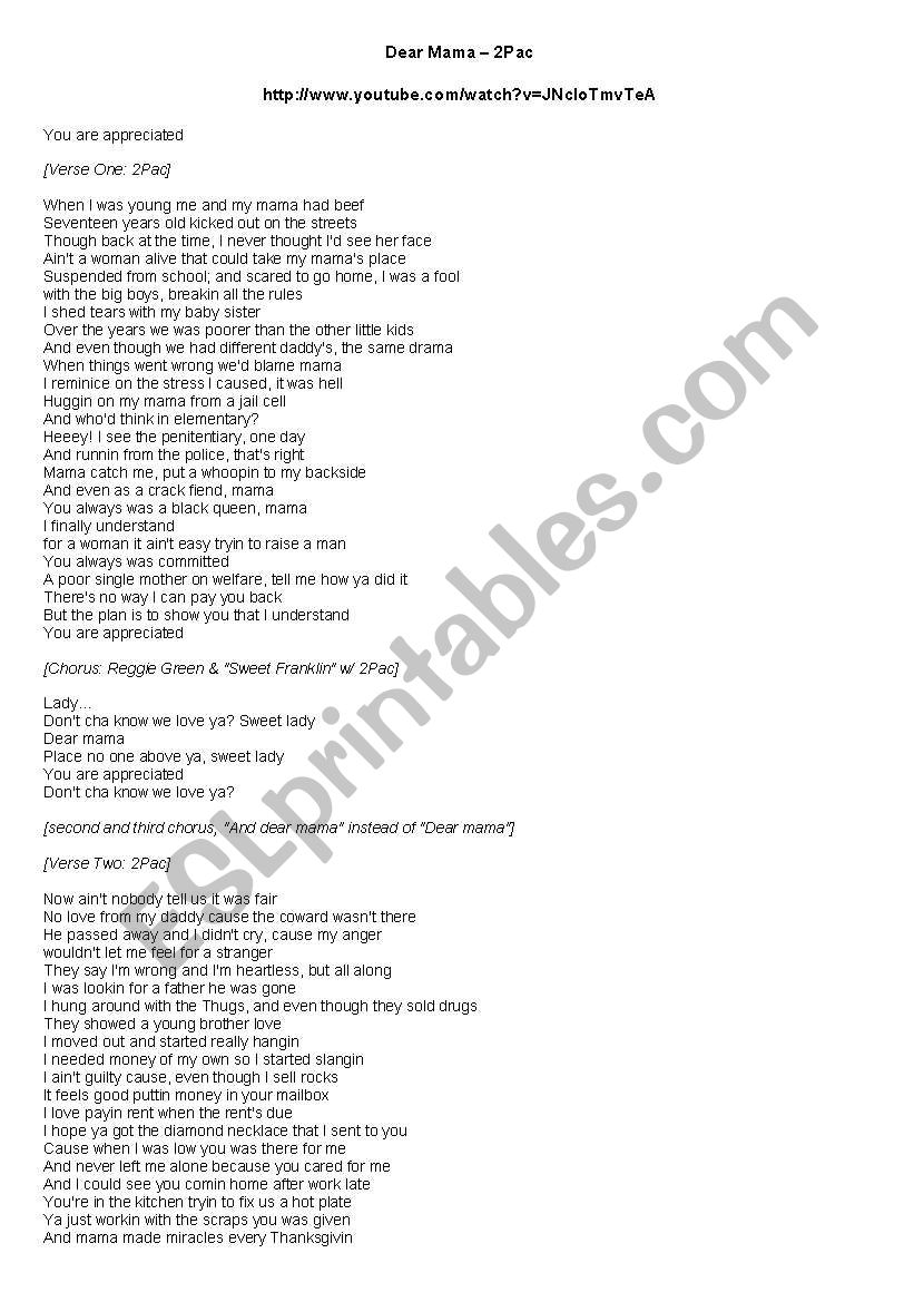 Dear Mama - 2Pac worksheet