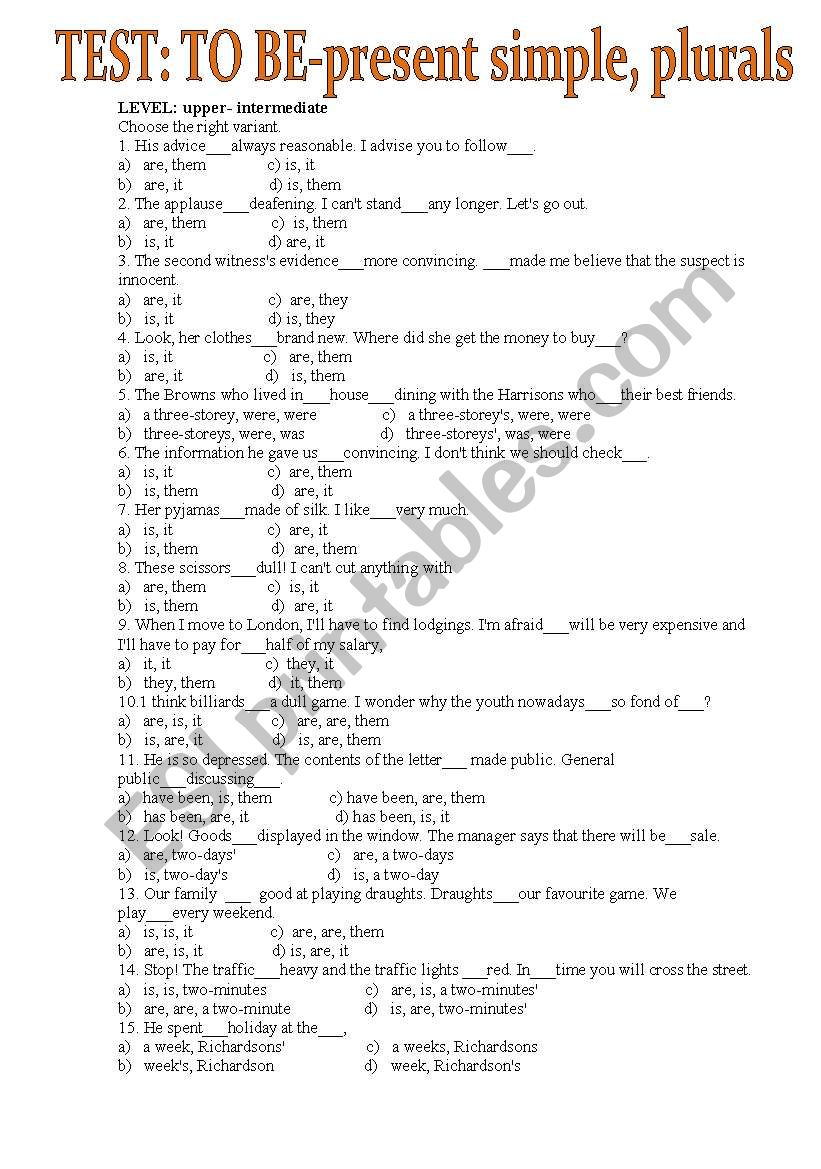 test :TO BE pRESENT SIMPLE+PLURALS OF NOUNS. 20 QUESTIONS.