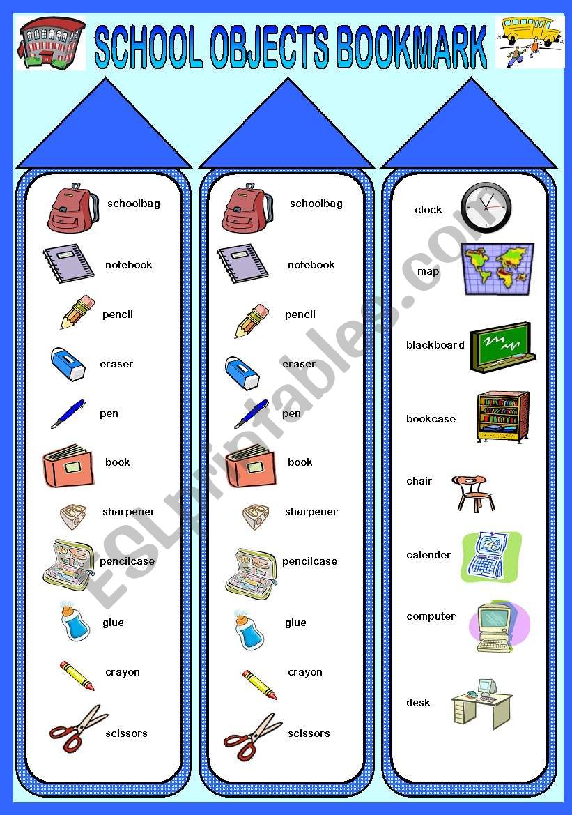 School objects bookmark worksheet