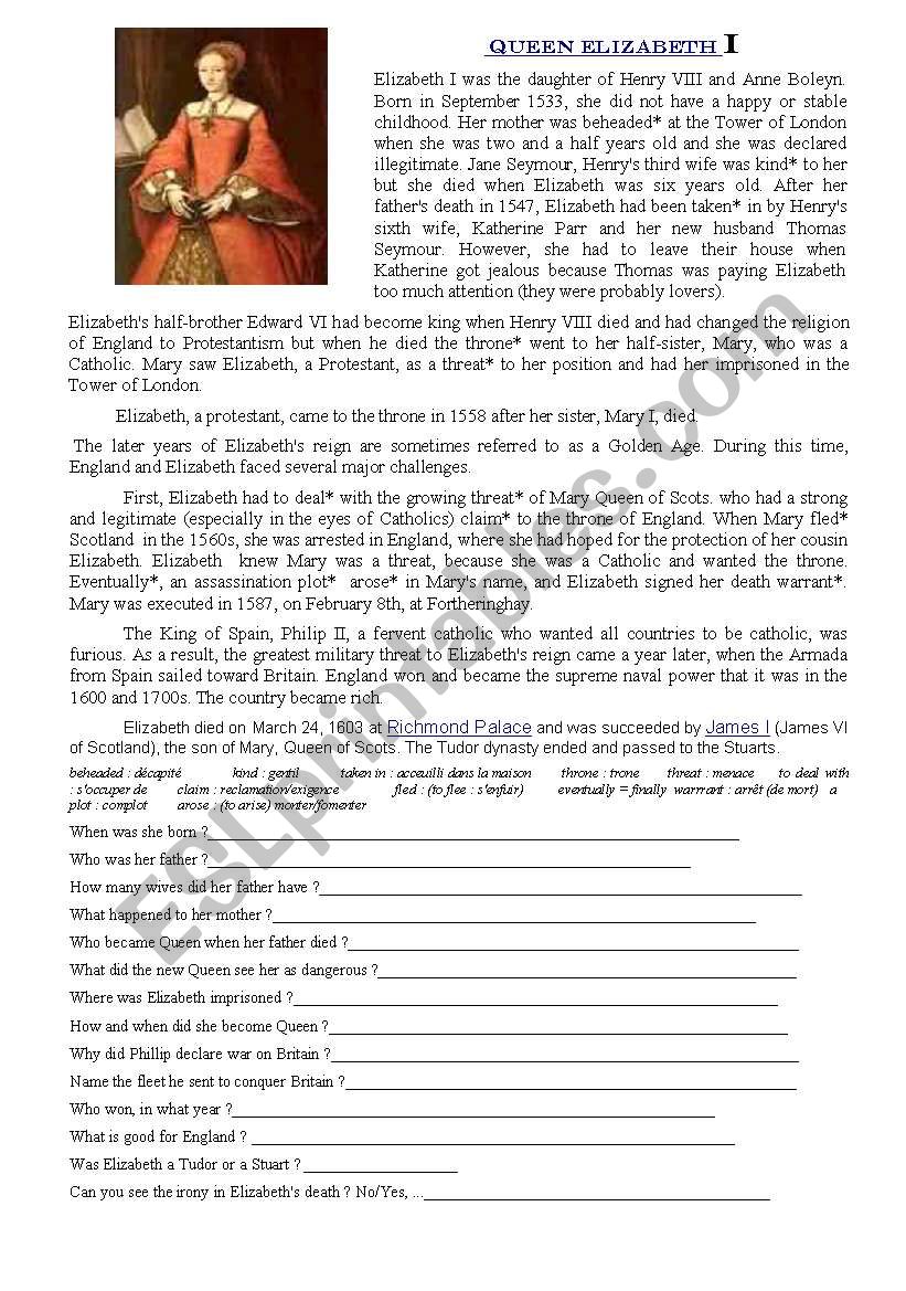 Elisabeth I worksheet