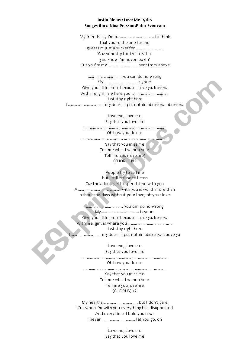 Justin Bieber love me lyrics  worksheet