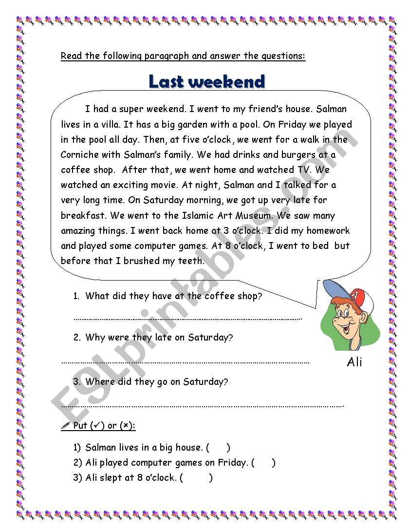 Last weekend reading worksheet