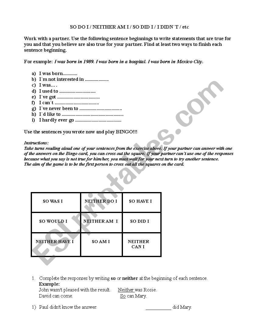 So do I / Neither do I / etc worksheet