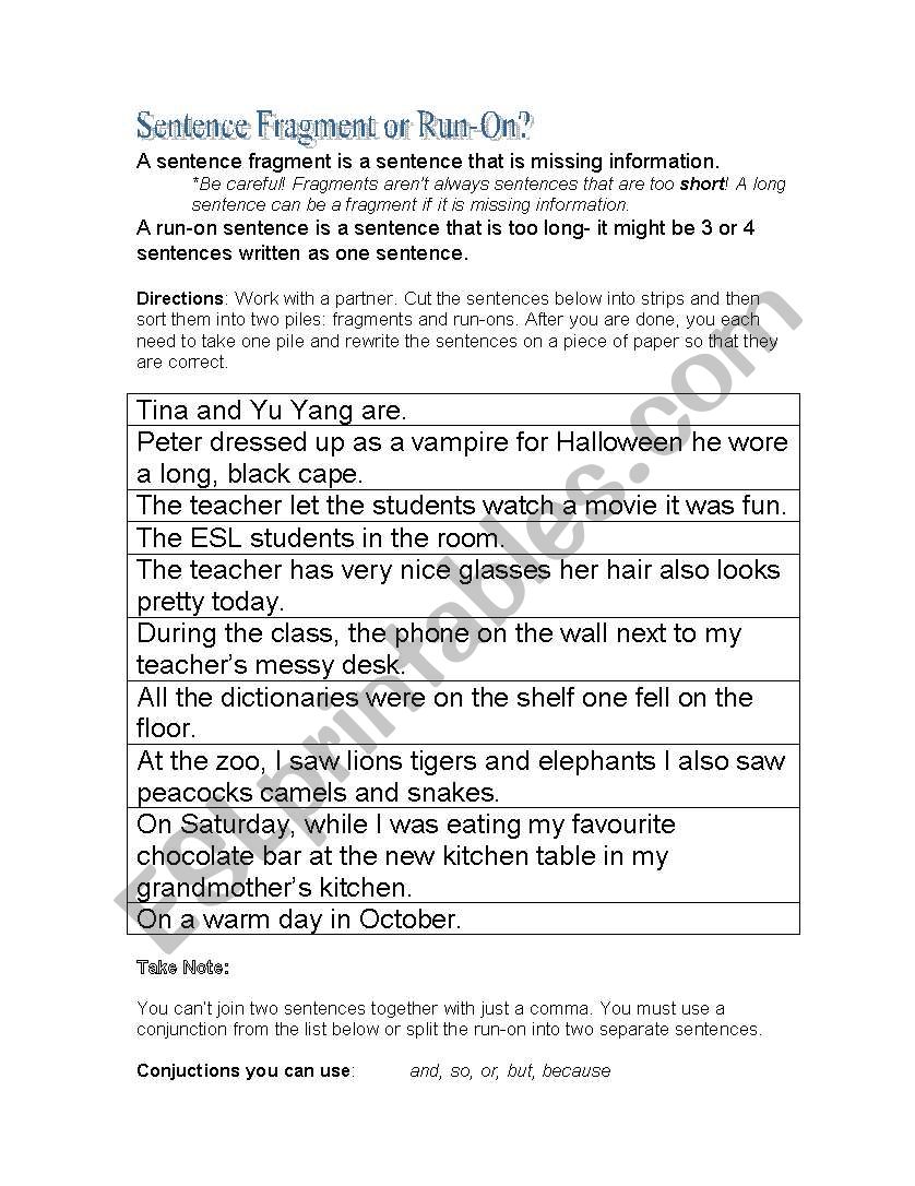 English Worksheets Sentence Fragment Or Run on