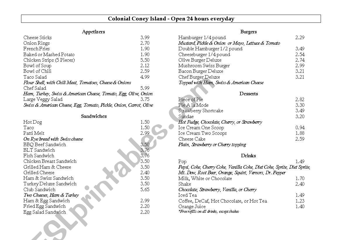 american menu worksheet