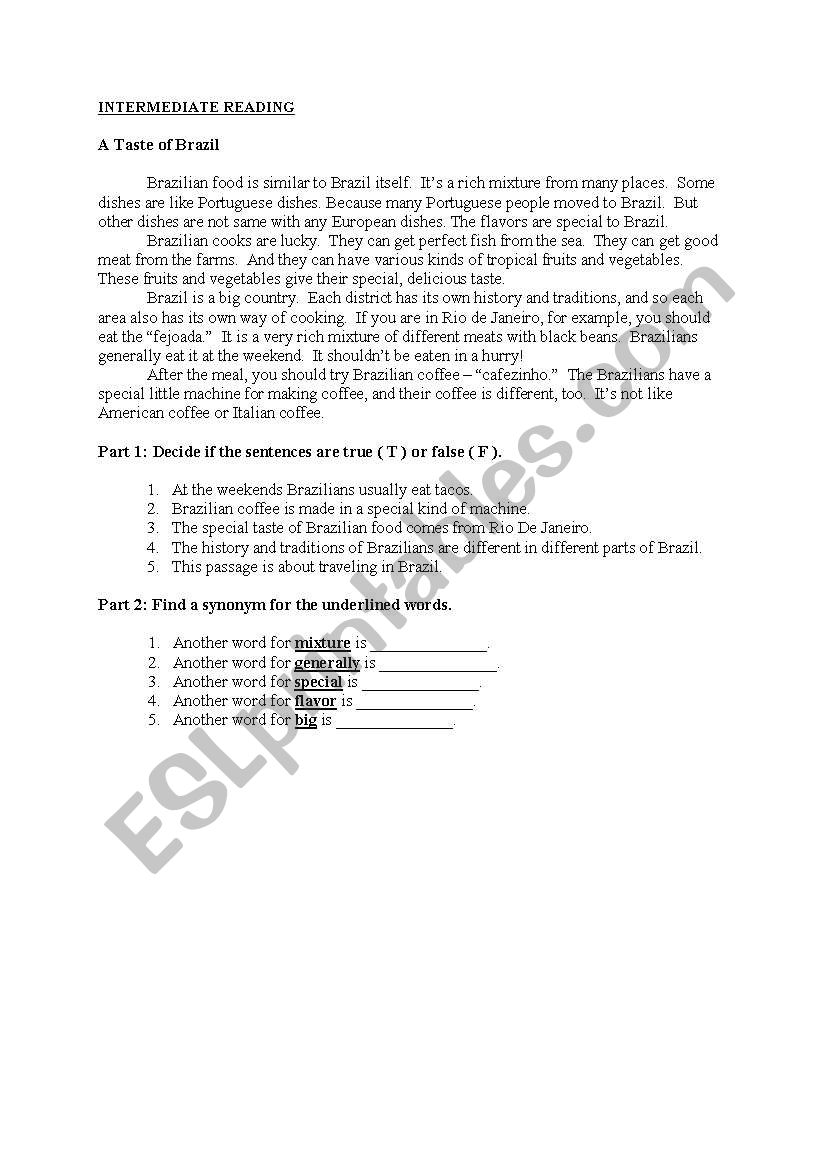 A taste of Brazil worksheet