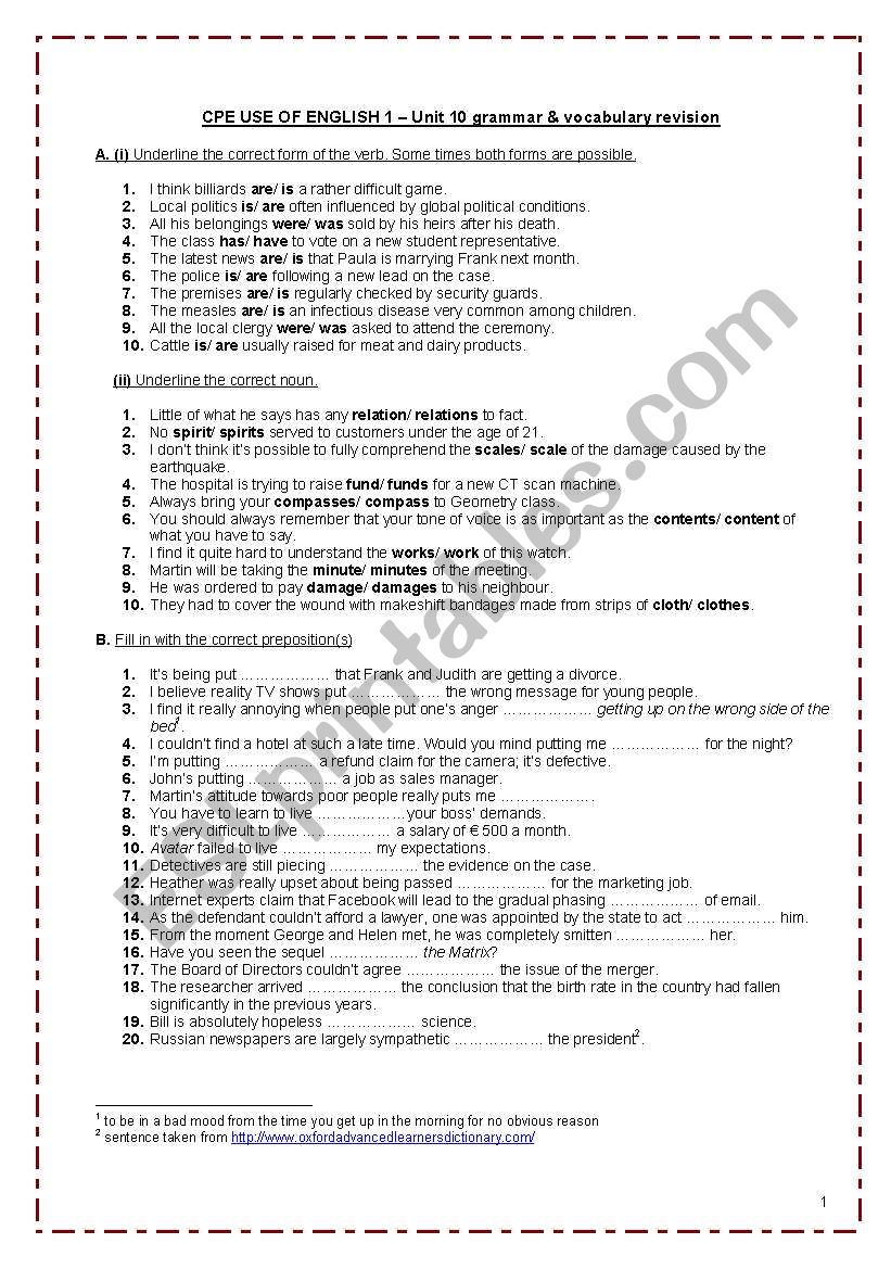 CPE USE OF ENGLISH 1 - Unit 10 grammar (NOUNS)& vocabulary revision (idioms, phrasal verbs, collocations, derivatives, words with multiple meanings, words often confused)+ TEACHERÂ´S KEY * FULLY EDITABLE*