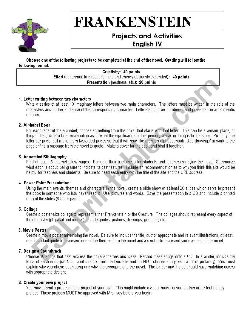 Frankenstein Projects worksheet