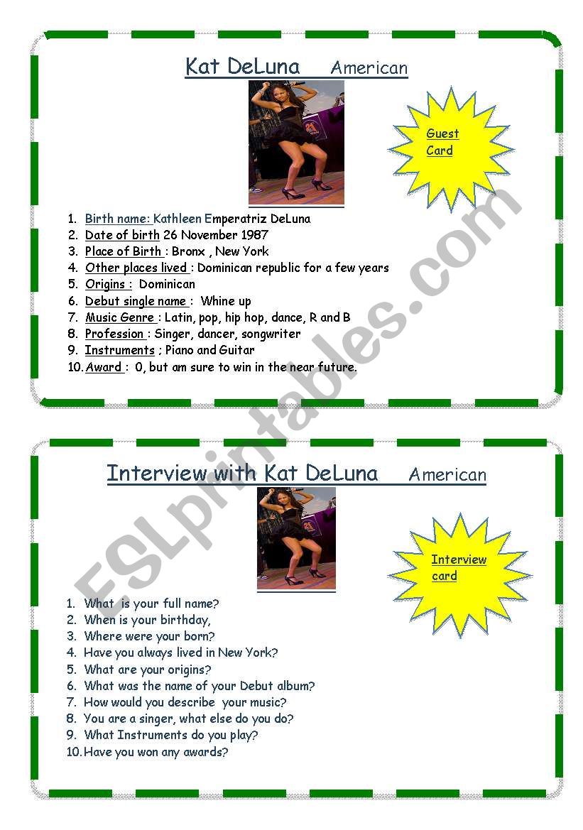 celebrity interview and information activity cards NÂ° 2