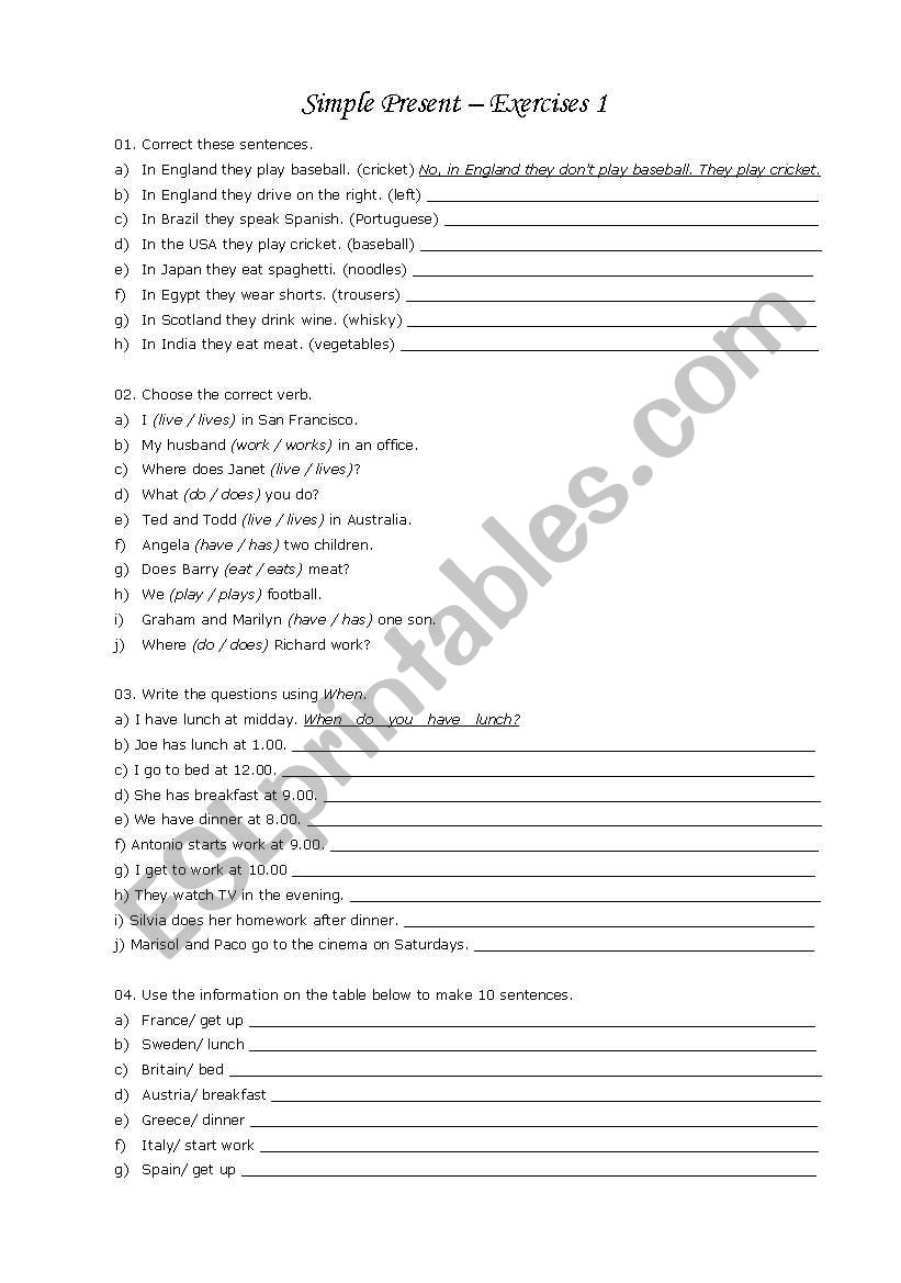 Exercises using the Present Simple
