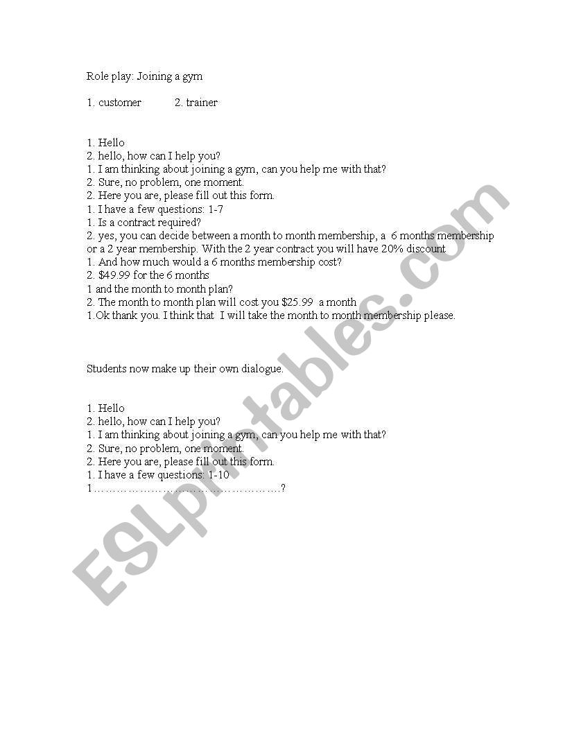 Role Play_Joining a Gym worksheet