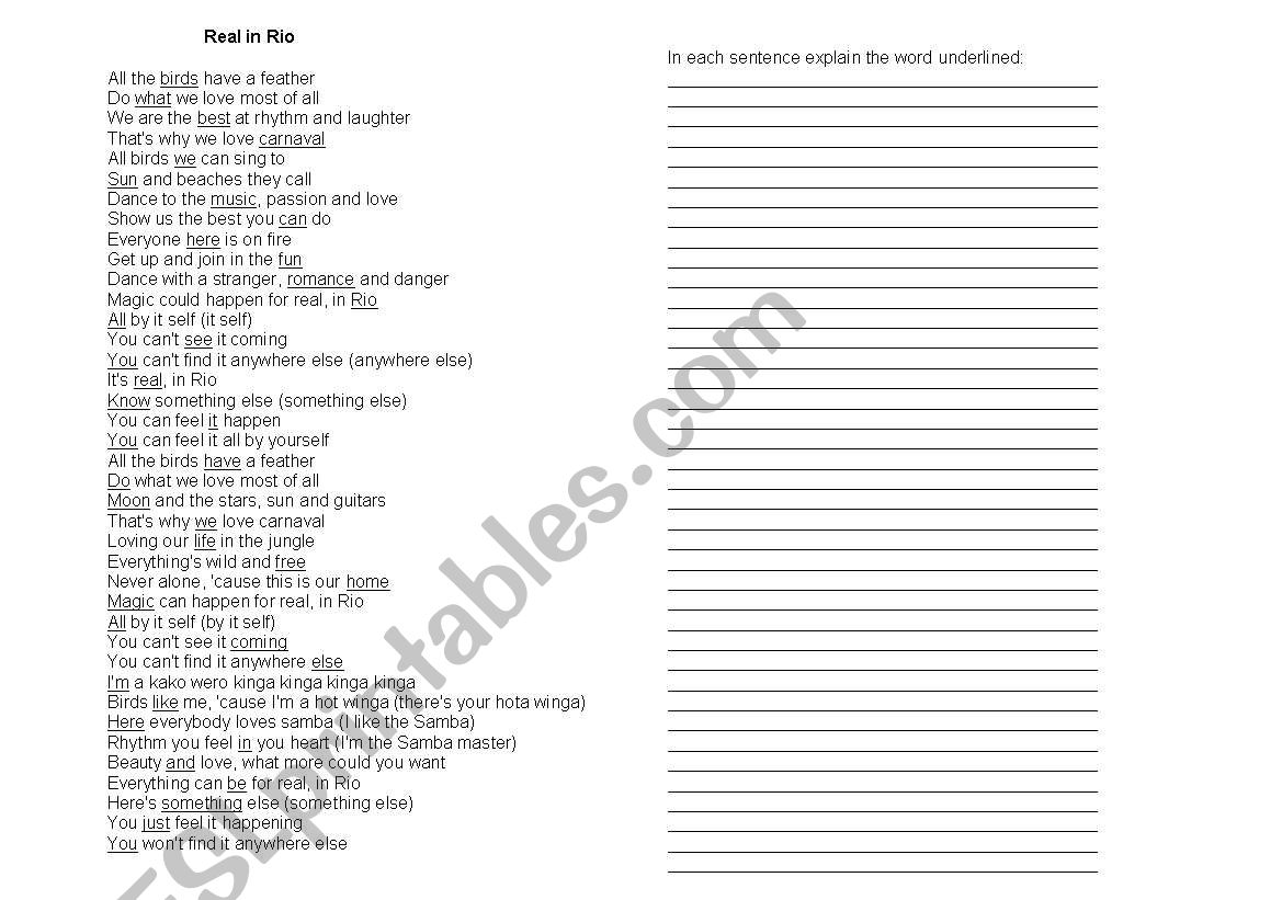 Song Rio-Song activity worksheet
