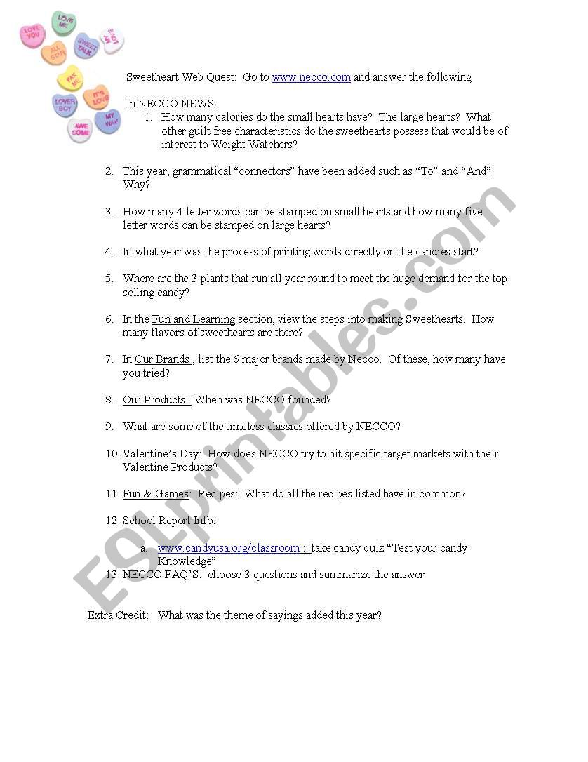 Valentine Internet Assignment worksheet