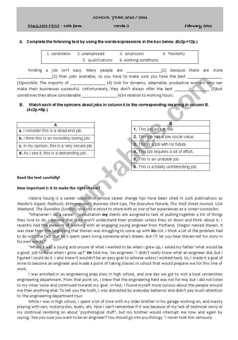test about the world of work worksheet
