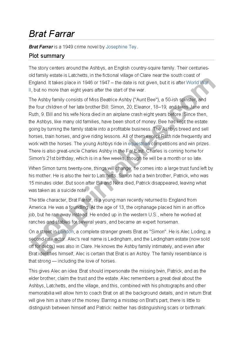 Brat Farrar book Summary worksheet