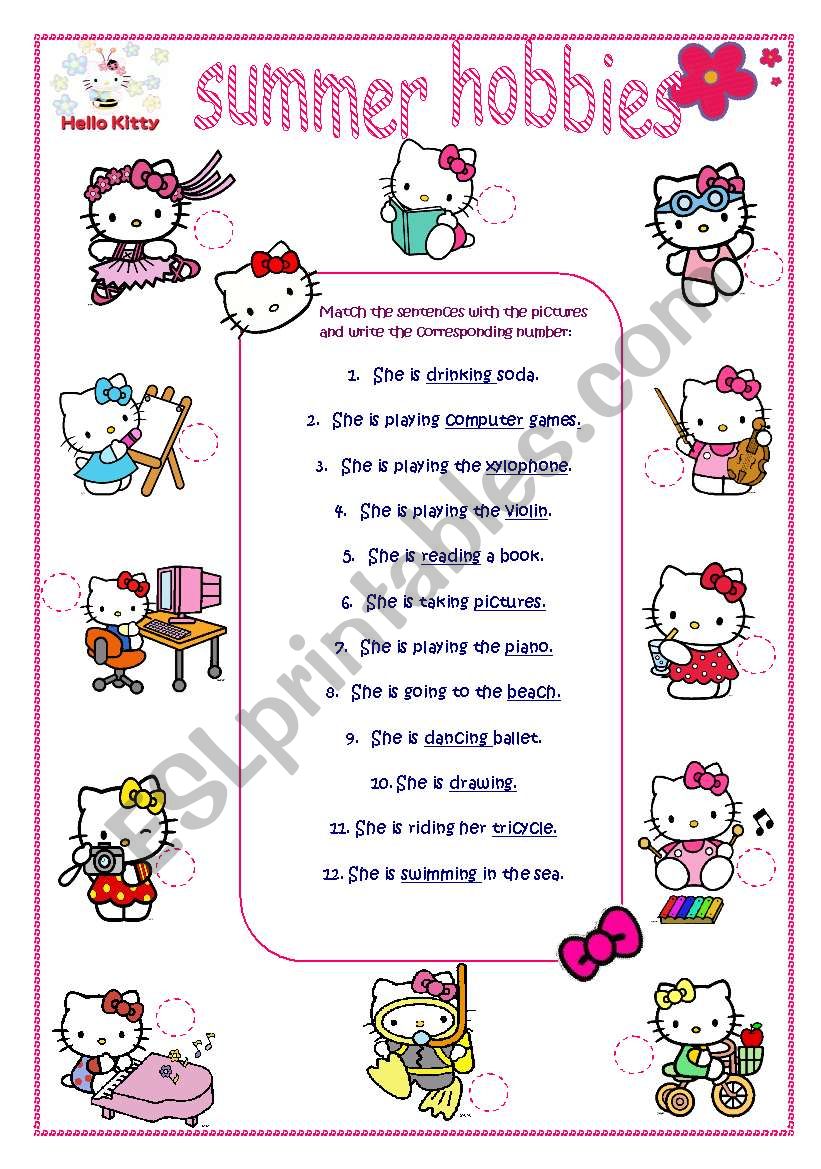 Hello Kitty hobbies_4 editable pages_match_crossword_answer key and B&W version included