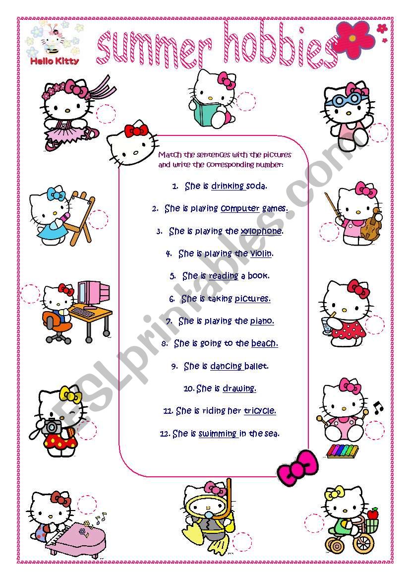 Hello Kitty hobbies 4 editable pages match crossword answer key and B W