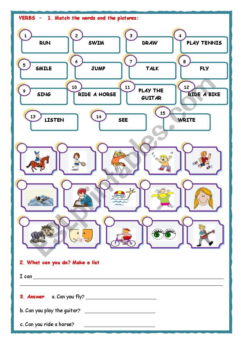 CAN and other VERBS exercises worksheet
