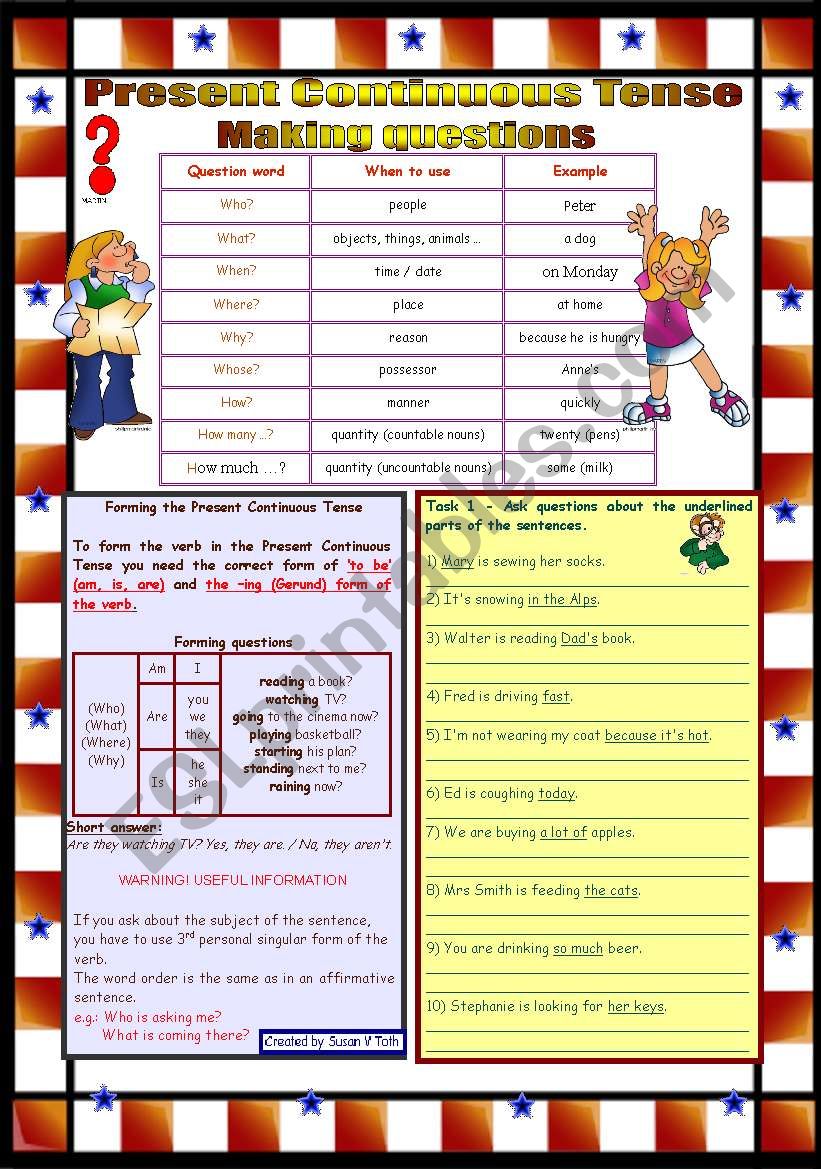 Present Continuous Tense questions *** 2 pages *** 3 tasks *** with KEY *** fully editable