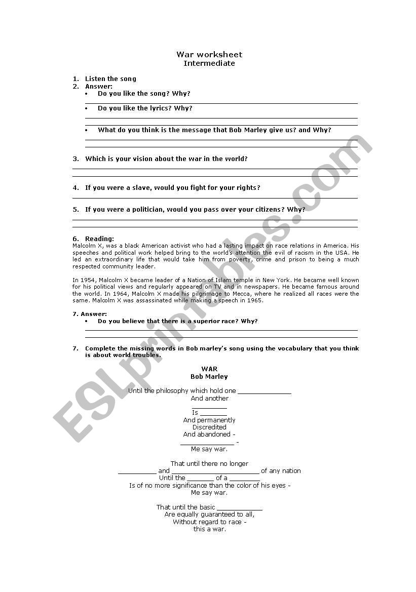 War -Bob Marley worksheet