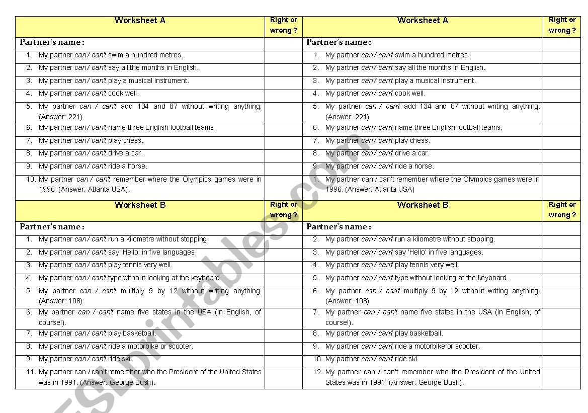 Can - cant pair speaking activity