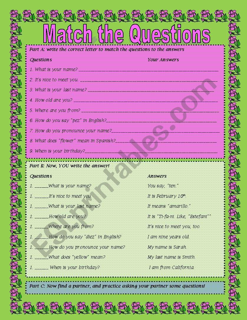 Match the Questions worksheet