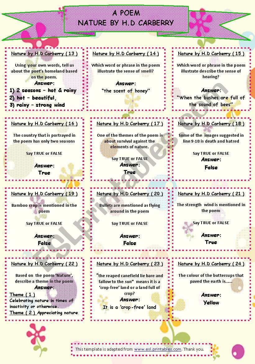 understanding a poem - a set of game cards no 13 - 24