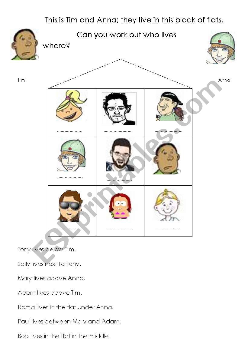 block of flats/prepositions/who lives where  