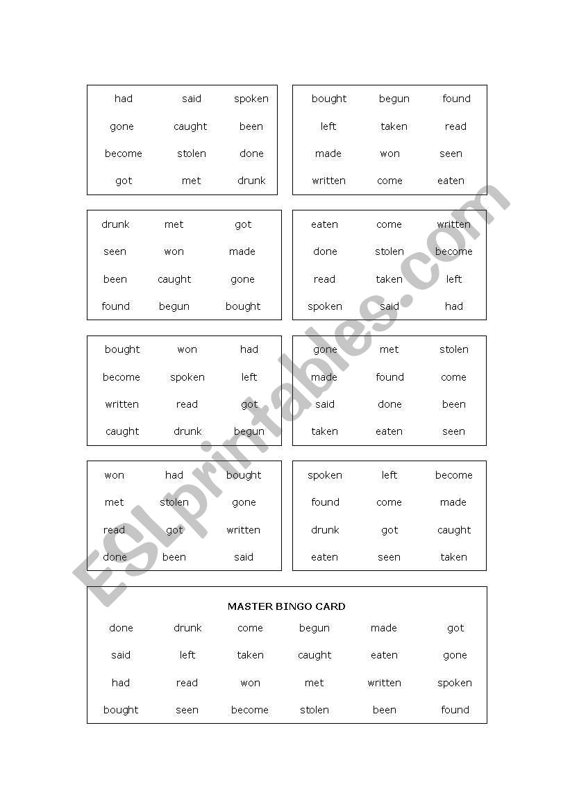Past participle bingo worksheet