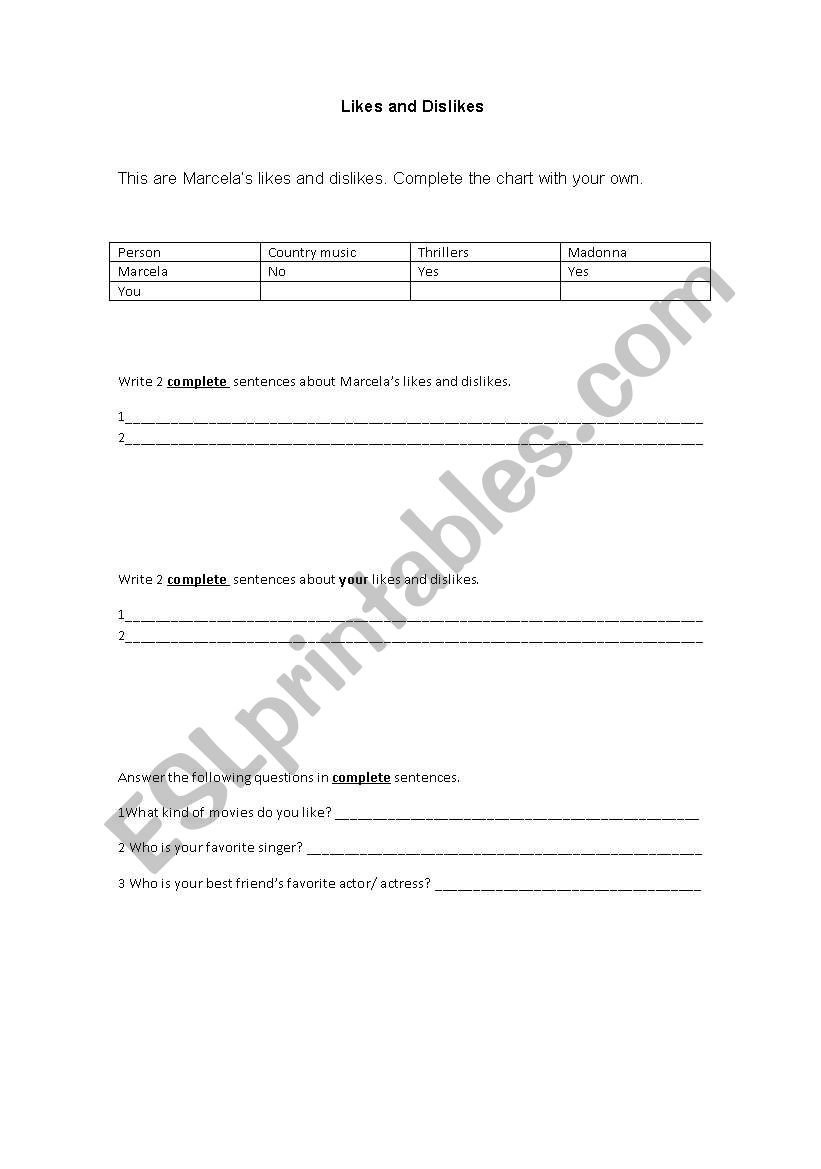 Likes and Dislikes worksheet
