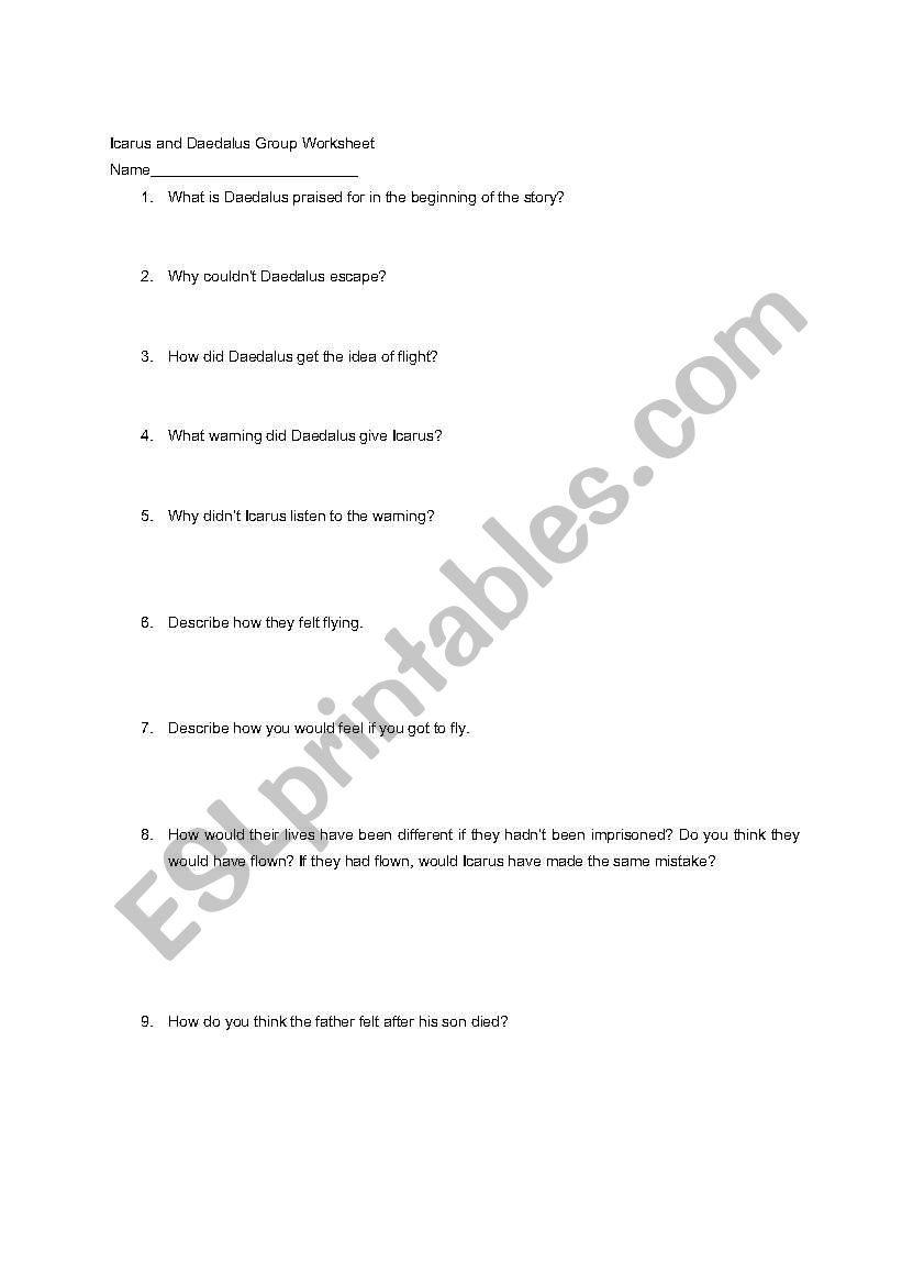 Icarus and Daedalus Worksheet worksheet