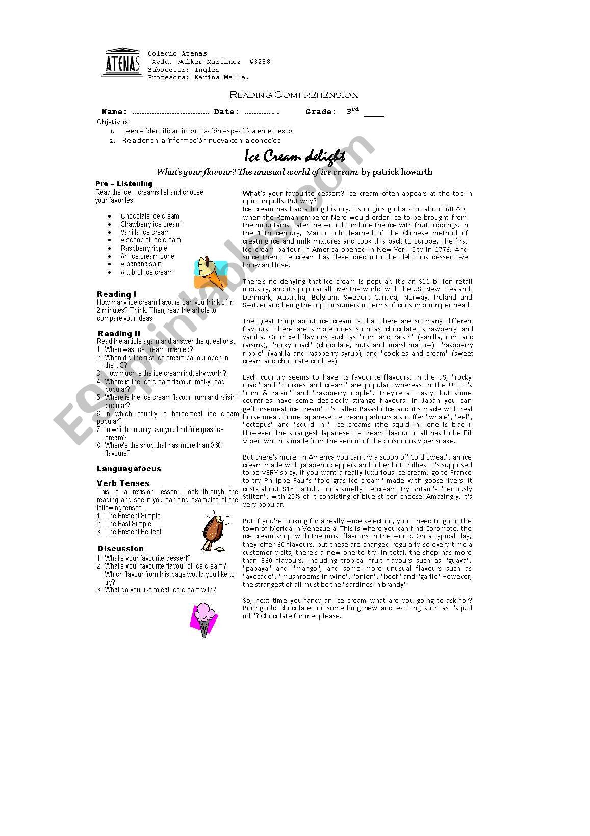 ice creams reading worksheet